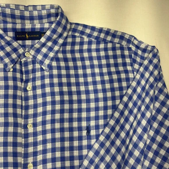 Ralph Lauren Mens 2XB Blue White Gingham Button Down Shirt Long Sleeve Cotton - Picture 3 of 8